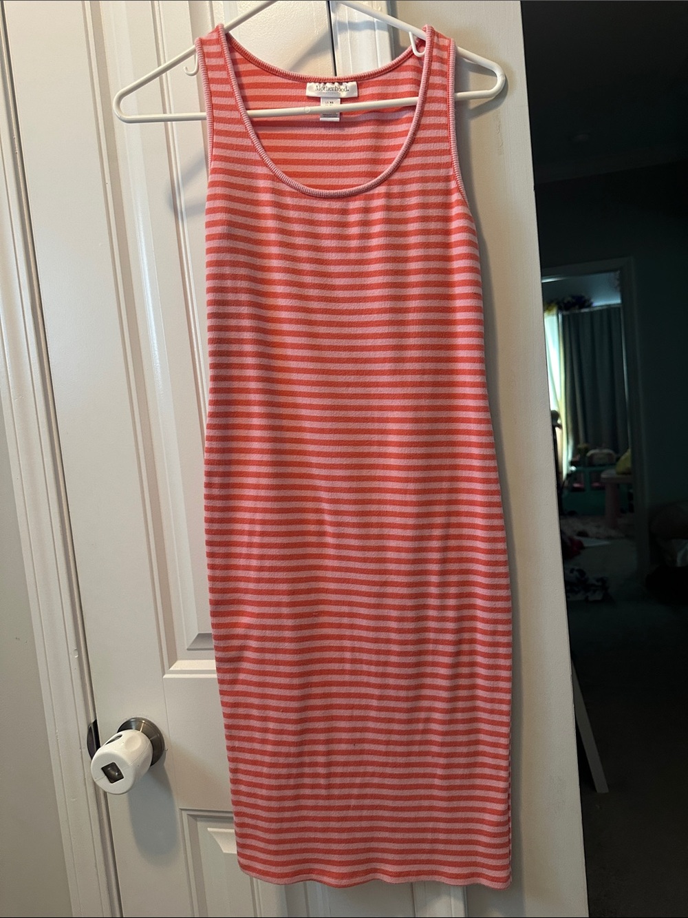 Motherhood Striped Maternity Tank dress in Coral and Light Pink